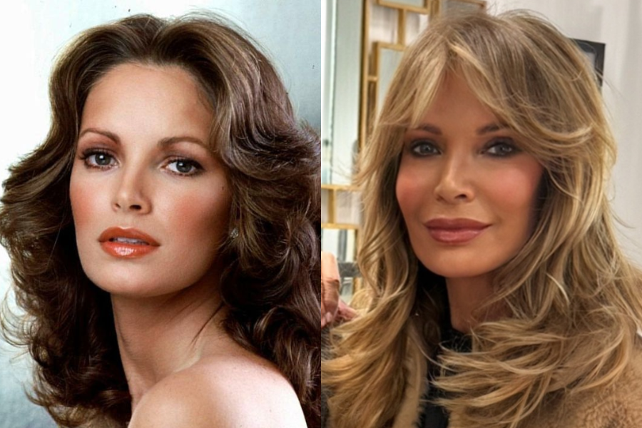 Jaclyn Smith with voluminous brunette waves and glossy lips in her youth, next to her present self with similarly styled blonde hair and glowing skin.