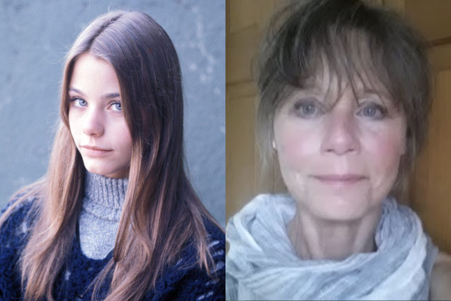 Side-by-side photos of a woman in her youth and as an older adult. On the left, she has long straight brown hair and wears a layered navy and gray knit sweater, gazing softly at the camera. On the right, she appears older with short, tousled brown hair and bangs, wearing a light scarf and smiling gently in a warmly lit indoor setting.