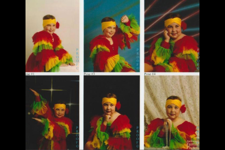 A collage of six portrait studio shots features a young girl in a bright, feathery, rainbow-colored costume striking various theatrical poses.