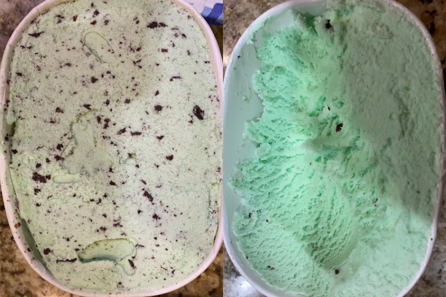Two tubs of mint chocolate chip ice cream, one with plentiful chocolate chunks and one with almost none, showing a decline in mix-in quantity.