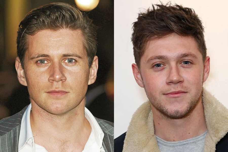 Side-by-side photo of two young men with short brown hair, both looking at the camera with neutral expressions. The man on the left wears a pinstripe blazer over an open-collared shirt, while the man on the right wears a jacket with a shearling collar and a grey T-shirt.