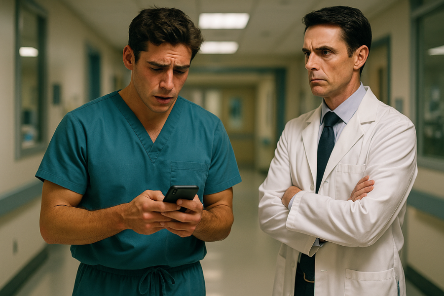 A younger male doctor in teal scrubs looks down at his phone with a worried expression while an older male doctor in a white coat stands beside him with his arms crossed, appearing serious. They are in a brightly lit hospital hallway.