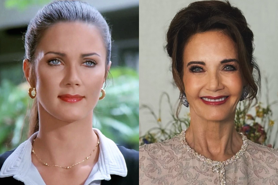 Lynda Carter in her youth with a sleek ponytail and bold lip, next to a more recent photo with an elegant updo and sparkling earrings.