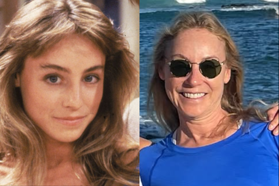 Side-by-side images of a woman in her youth and as an older adult. On the left, she has long, wavy light brown hair and a gentle smile, looking slightly to the side. On the right, she is older, wearing sunglasses and a bright blue athletic top, smiling by the ocean on a sunny day.