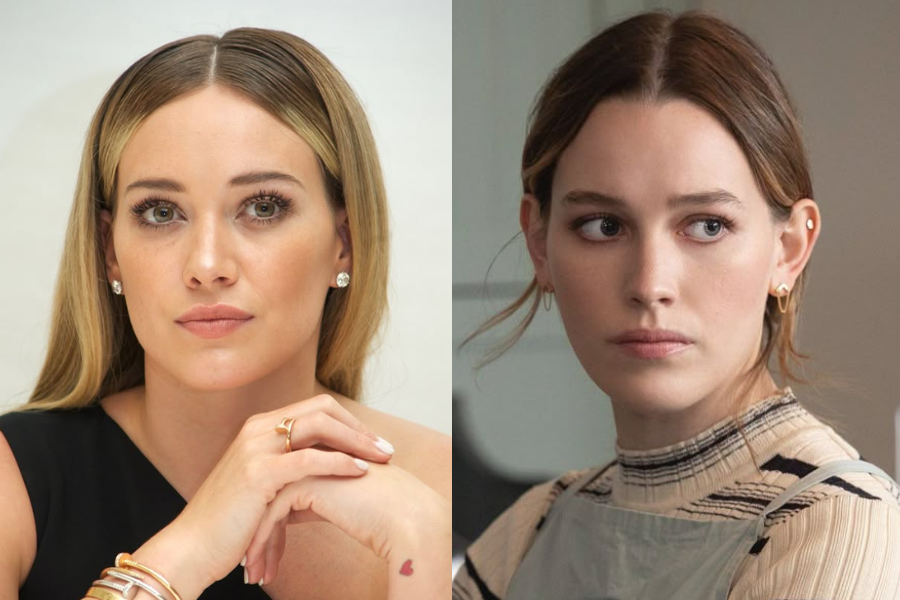 Side-by-side photo of two women with center-parted hair, both wearing neutral expressions. The woman on the left has long straight blonde hair and wears a black sleeveless top with jewelry, while the woman on the right has brown hair tied back and wears a striped top with gold earrings.