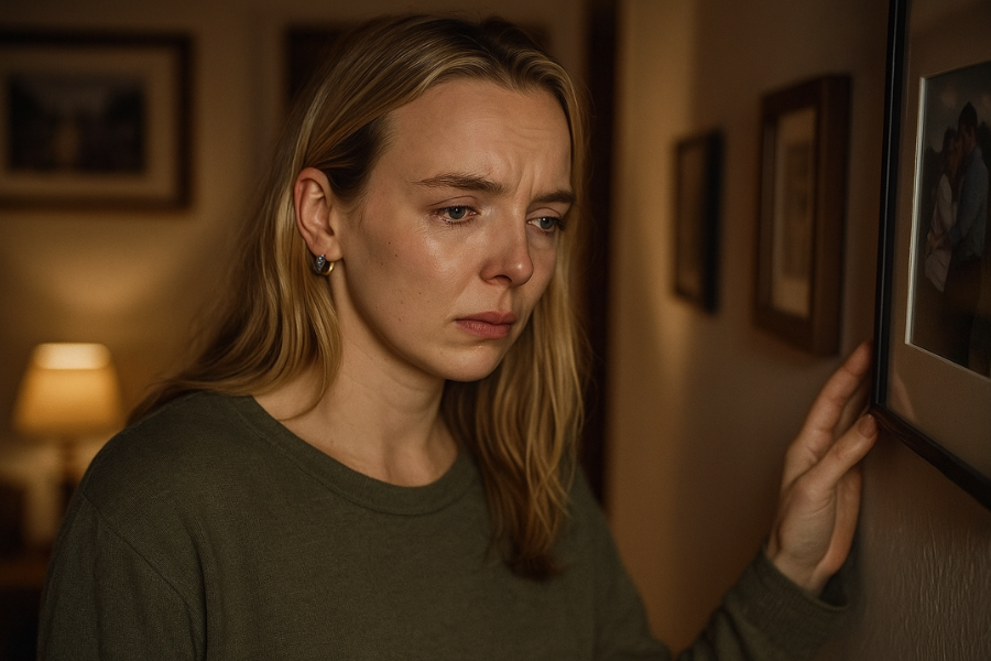 A woman in an olive green sweater stands in a dimly lit hallway, looking emotional and tearful as she gently touches a framed photo on the wall. The soft lighting from a nearby lamp adds to the somber, reflective mood.