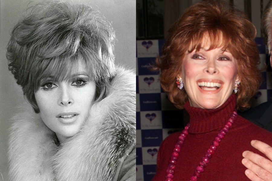 A black-and-white portrait of young Jill St. John in a fur-trimmed coat with a bold hairstyle, beside an older joyful image in a red outfit and beaded necklace.