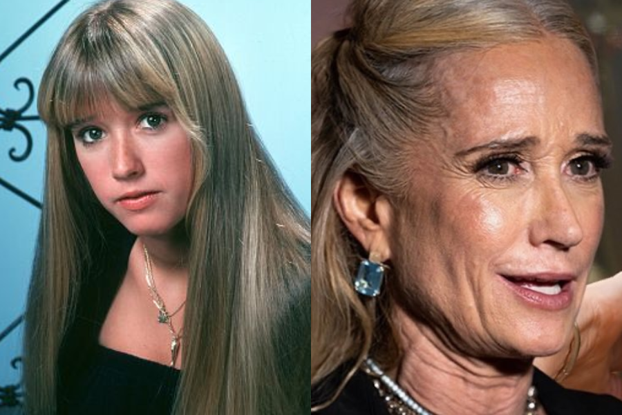 Side-by-side images of a woman in her youth and older age. On the left, she has long, straight blonde hair with bangs and wears a black off-the-shoulder top with layered necklaces, looking softly at the camera. On the right, she is older with styled blonde hair pulled back, wearing statement earrings and a necklace, speaking or reacting at a formal event.