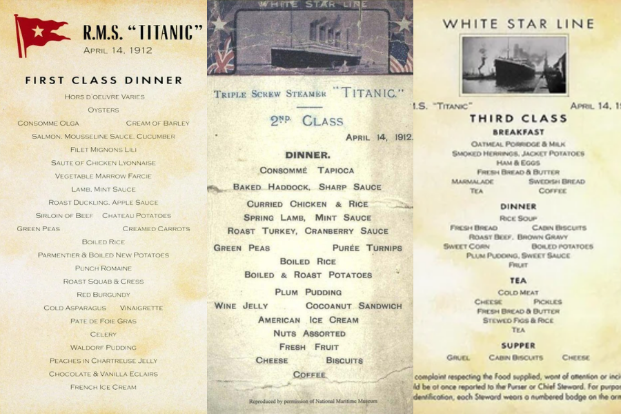 Composite image of the Titanic’s first, second, and third-class dinner menus from April 14, 1912, showing dishes from oysters to rice soup.