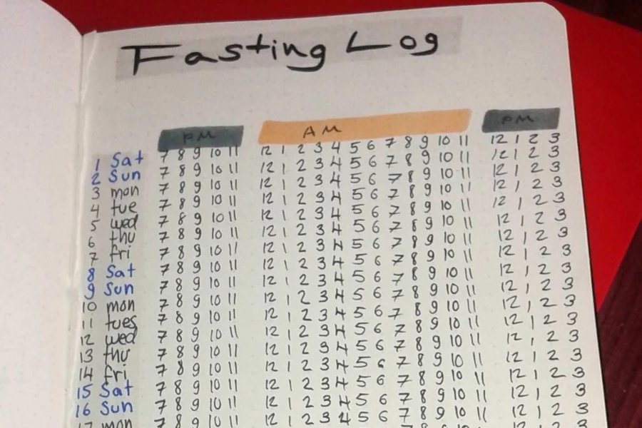 Handwritten fasting log with AM and PM hours tracked across multiple days, color-coded with neatly aligned columns and labels.