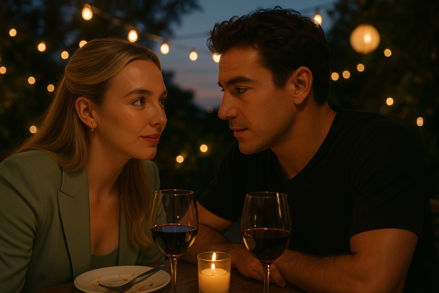 A woman in a green blazer and a man in a black t-shirt sit at an outdoor table at dusk, gazing at each other with soft expressions. The table is set with two glasses of red wine, an empty plate, cutlery, and a lit candle, with string lights creating a warm, romantic atmosphere.
