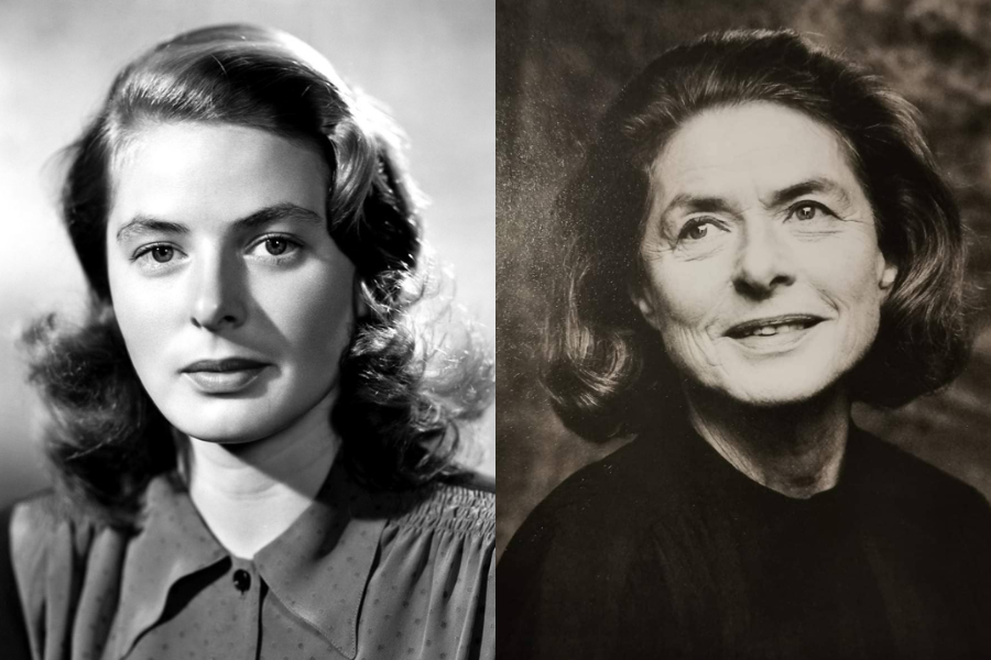 Black-and-white photo of a young Ingrid Bergman with soft curls and a serious gaze next to an older smiling Bergman with similar hairstyle in grayscale.