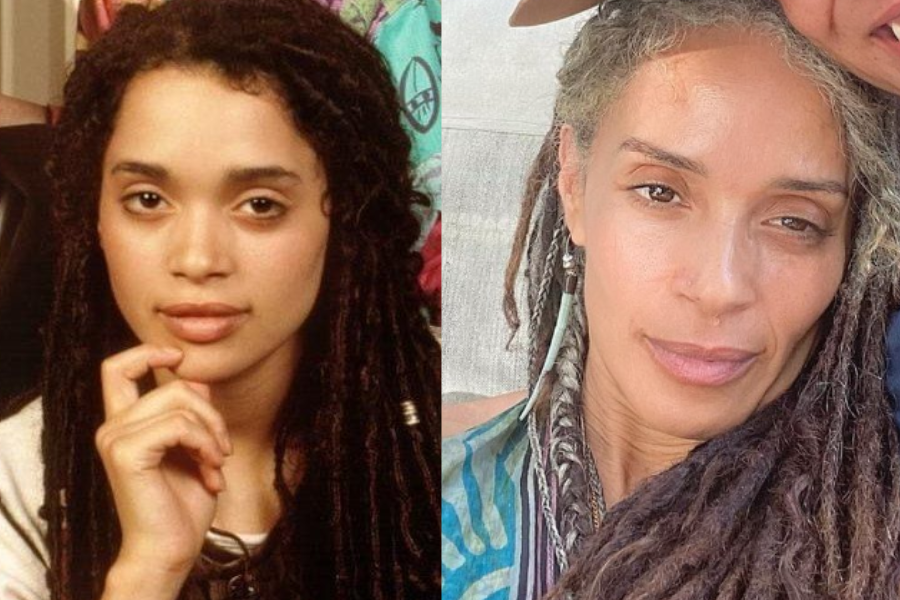 Side-by-side portraits of a woman as a young adult and later in life. On the left, she has long dark locs and rests her chin on her hand while looking thoughtfully at the camera. On the right, she appears older with gray streaks in her locs, wearing a colorful outfit and feather earring, softly smiling in natural light.