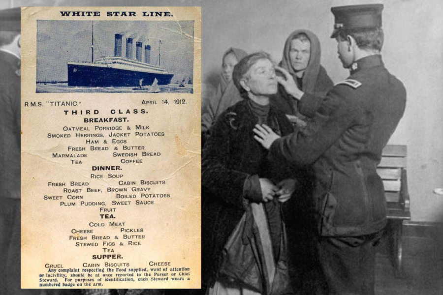 Historic photo of an immigrant medical inspection beside an overlaid third-class Titanic menu listing oatmeal porridge, smoked herrings, and roast beef.