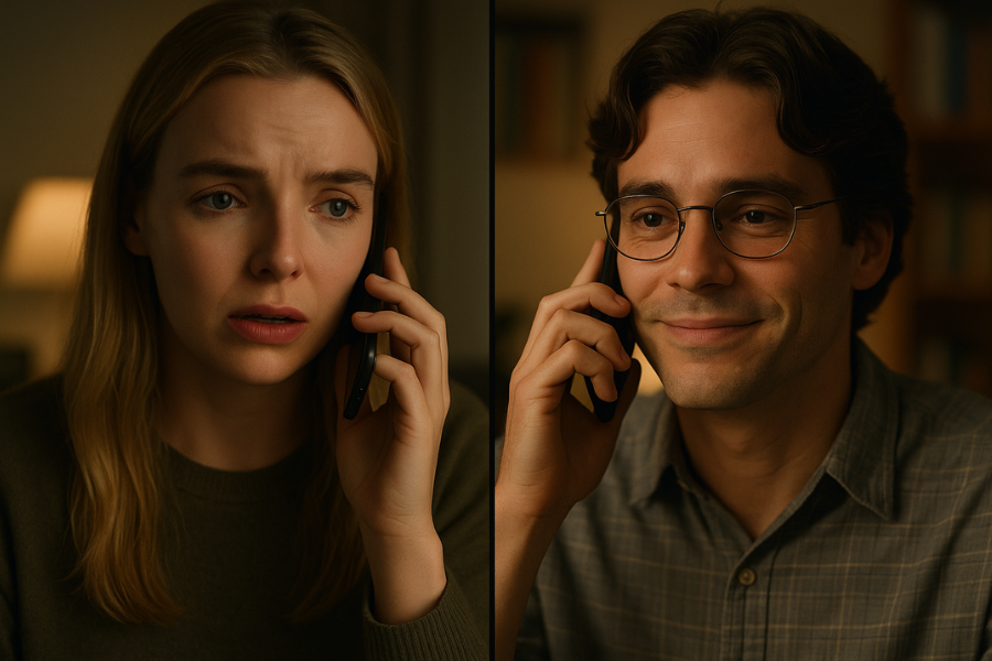 Split-screen image of a phone conversation between a woman and a man. The woman looks worried and emotional as she holds the phone to her ear, while the man, wearing glasses, smiles gently, appearing calm and reassuring.