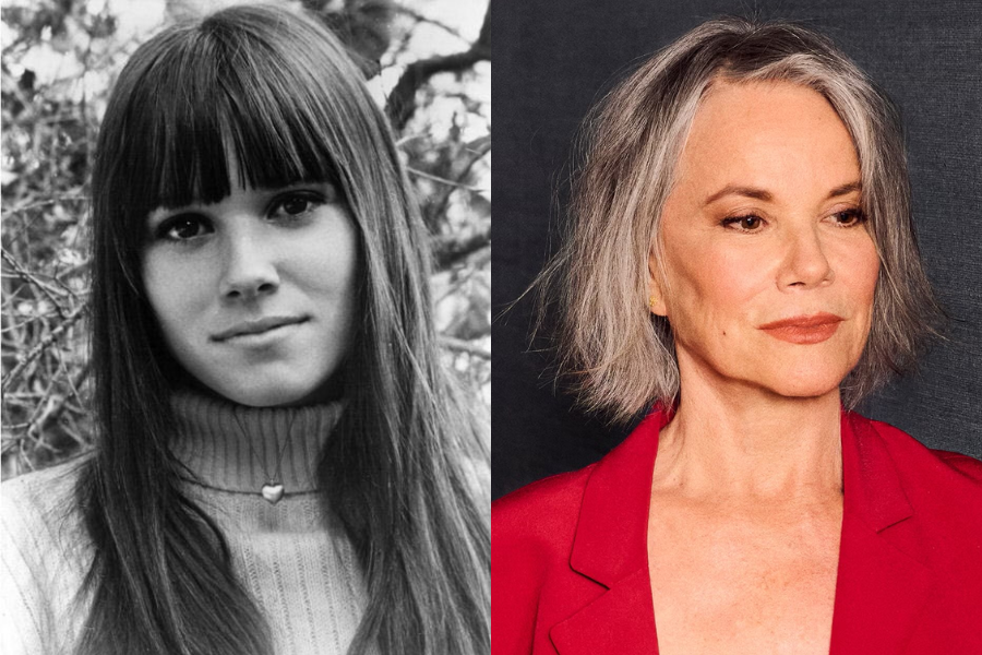 Barbara Hershey in a youthful black-and-white photo with long hair and bangs, contrasted with a current image featuring a red blazer and sleek gray bob.