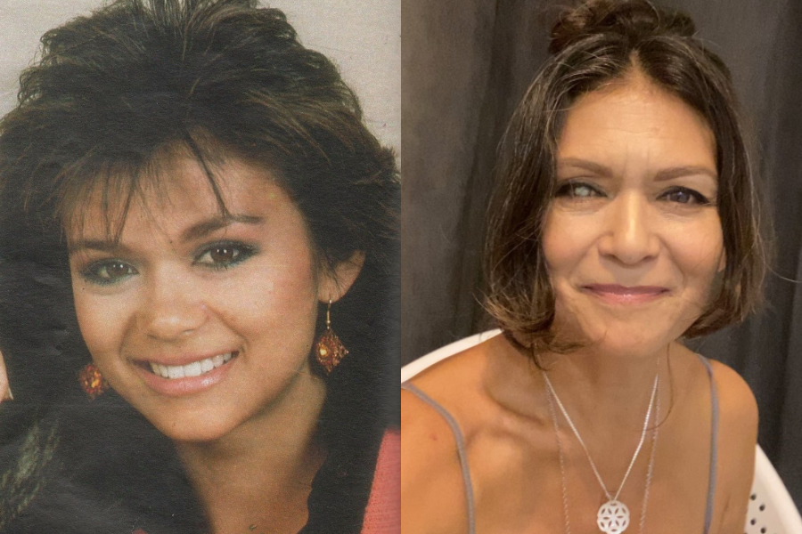 Side-by-side photos of a woman in her younger and older years. On the left, she has voluminous dark hair, bright makeup, and dangling earrings, smiling confidently in a classic glam portrait. On the right, she appears older with short, softly styled hair, wearing layered necklaces and a spaghetti-strap top, smiling warmly against a neutral curtain background.