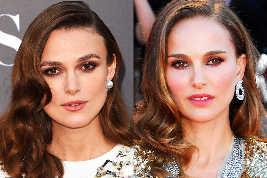 Side-by-side close-up photo of two women with wavy brown hair, both wearing glamorous makeup and earrings. The woman on the left has large pearl earrings and a white embellished dress, while the woman on the right wears sparkly drop earrings and a silver sequined outfit.