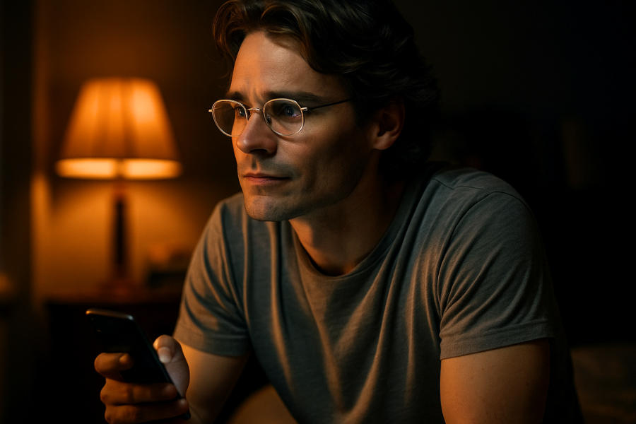 Split-screen image of a phone conversation between a woman and a man. The woman looks worried and emotional as she holds the phone to her ear, while the man, wearing glasses, smiles gently, appearing calm and reassuring.