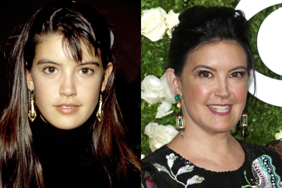 Young Phoebe Cates in a black turtleneck with gold earrings and long dark hair, next to a more recent image with her in a floral black dress and emerald jewelry.