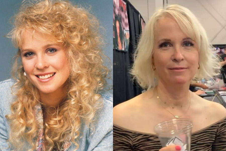 Side-by-side images of a woman in her youth and adulthood. On the left, she has voluminous, curly blonde hair and wears a denim jacket while smiling brightly. On the right, she is older with straight platinum blonde hair in a bob, wearing a patterned off-shoulder top and holding a clear cup at what appears to be a convention or event.