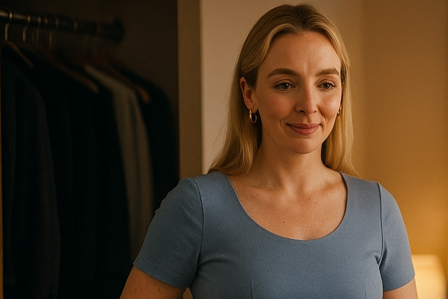 A woman with long blonde hair smiles softly while standing in a warmly lit room, wearing a light blue dress. Behind her is an open closet with neatly hung clothing, creating a calm and tidy atmosphere.