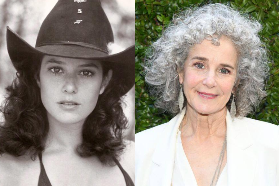 Black-and-white image of Debra Winger as a young woman in a cowboy hat and swimsuit, paired with a current photo showing her with silver curls and a white suit.