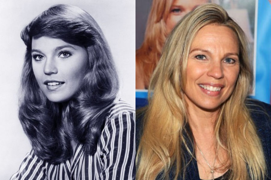 Side-by-side portraits of a woman from youth to adulthood. On the left, a black-and-white image shows her with long, voluminous hair and a striped button-down shirt, gazing off camera. On the right, she appears older with long straight blonde hair and a big smile, wearing a dark top at what looks like a fan or media event.