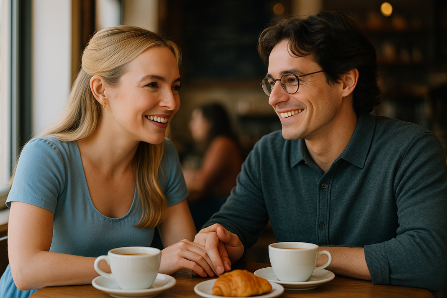 A smiling couple sits at a café table, holding hands and gazing at each other warmly. They each have a cup of coffee, and a croissant sits on a plate between them, creating a cozy and cheerful atmosphere.