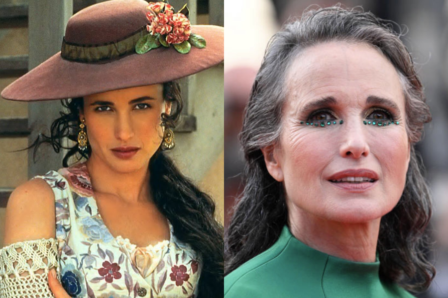 Andie MacDowell as a young woman in a wide-brimmed hat with flowers and bold earrings, next to a recent red carpet image wearing dramatic green eyeliner and a sleek gown.