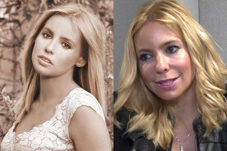 Side-by-side photos of a woman in her youth and later adulthood. On the left, she poses in a sepia-toned portrait with straight blonde hair, wearing a delicate lace top and gazing softly at the camera. On the right, she appears older with voluminous wavy blonde hair and glossy pink lipstick, speaking during an interview.