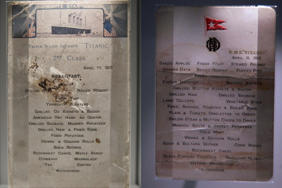 wo preserved Titanic breakfast menus from April 11, 1912, listing items like grilled kidneys, fresh fish, hominy, Vienna rolls, and coffee.