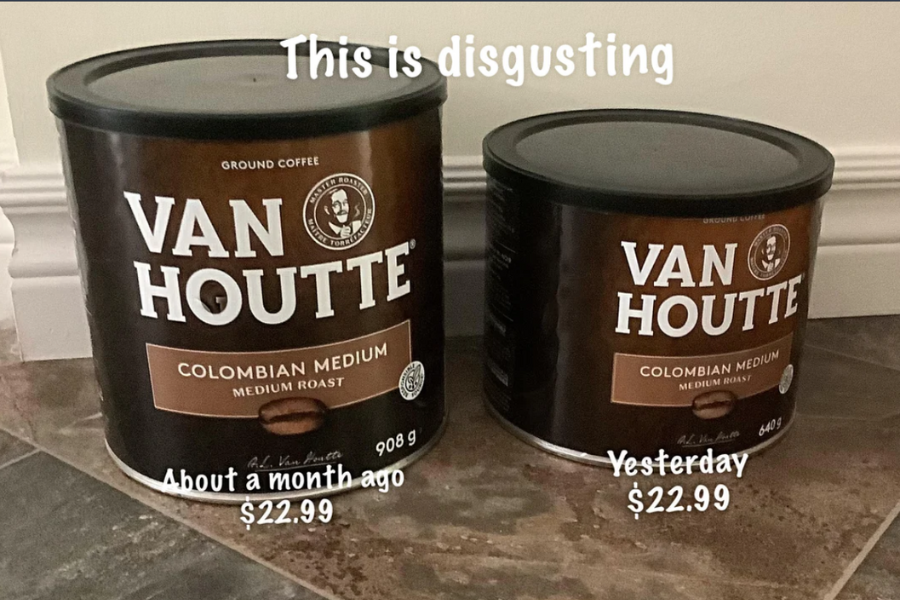 Two Van Houtte Colombian Medium coffee tins labeled with purchase times and prices, showing a decrease from 908g to 640g while maintaining the same price of $22.99.