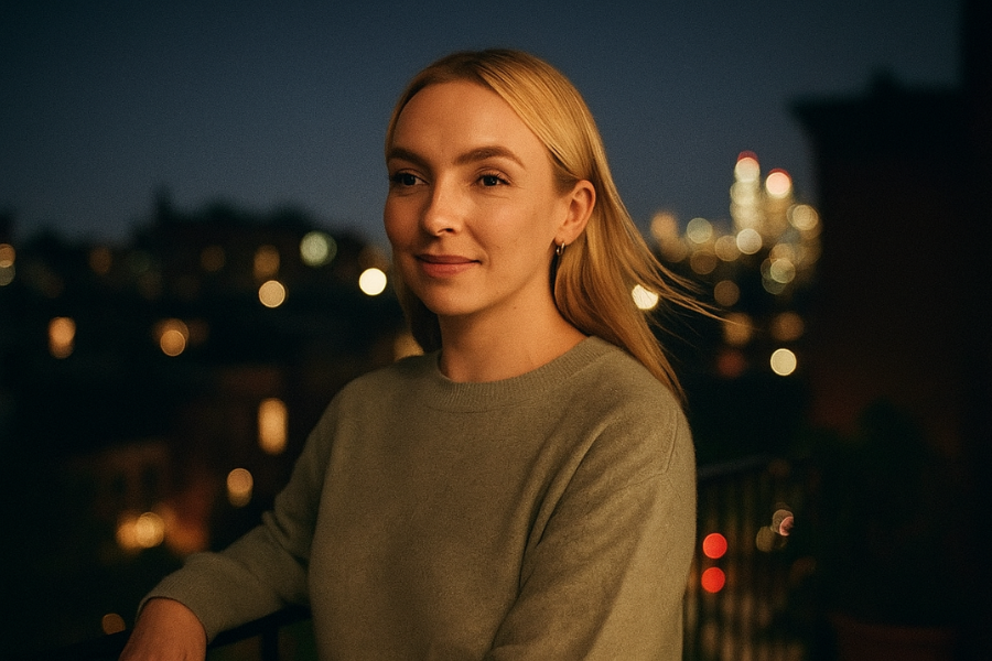 A woman with blonde hair, wearing a light sweater, stands on a balcony at night with a soft smile. The background is filled with blurred city lights, creating a warm and peaceful atmosphere.