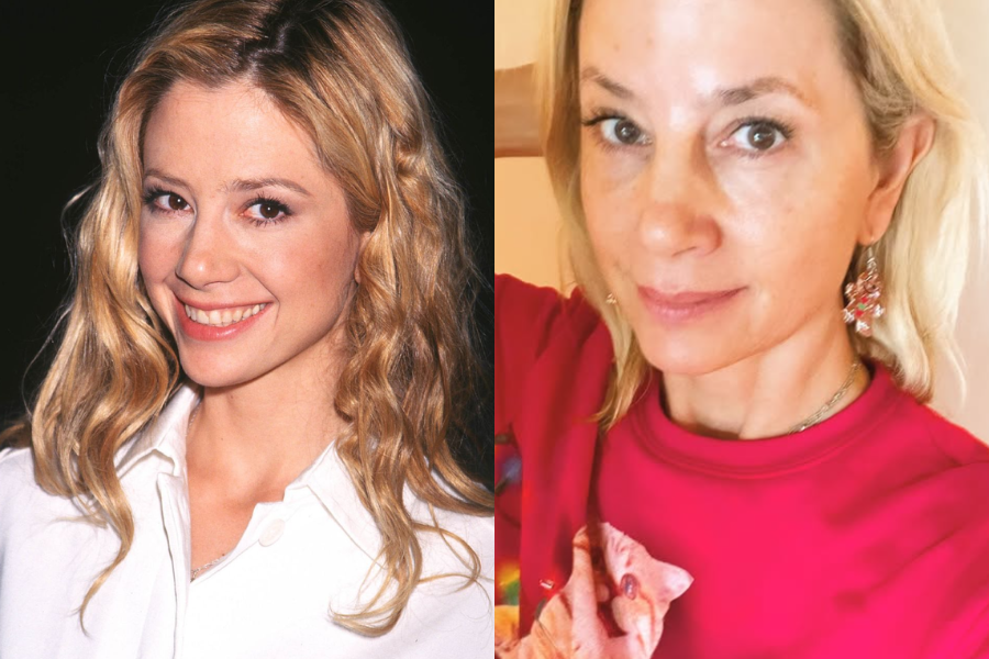 Mira Sorvino with long blonde waves and a white blouse in her youth, contrasted with a makeup-free selfie in a bright pink sweatshirt and earrings.