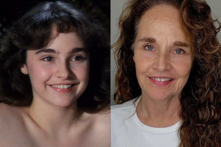 Side-by-side images of a woman in her youth and later in life. On the left, she has dark curly hair with bangs and a bright smile, appearing in a scene or portrait with soft lighting. On the right, she is older with long natural curls, a white shirt, and a gentle smile, showing her wrinkles and age gracefully in a well-lit photo.
