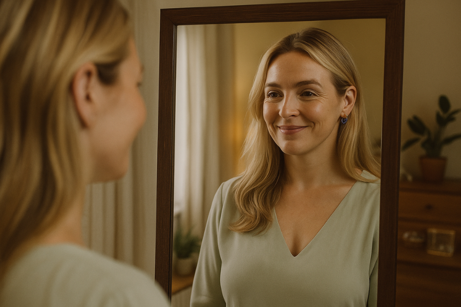 A woman with blonde hair smiles gently at herself in a wooden-framed mirror while standing in a warmly lit room. She wears a light green blouse, and the background features a dresser with a potted plant and decor.