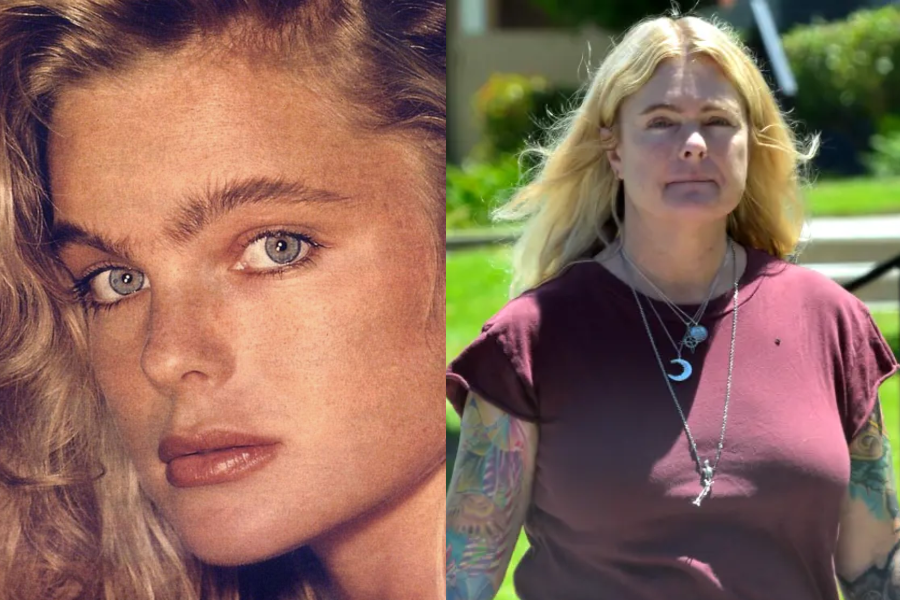 Side-by-side photos of a woman in her youth and adulthood. On the left, she is shown in a close-up with striking blue eyes, full lips, and wavy blonde hair, posing in a vintage-style portrait. On the right, she appears older with long blonde hair, visible tattoos on both arms, wearing a burgundy t-shirt and layered necklaces, walking outdoors in daylight.