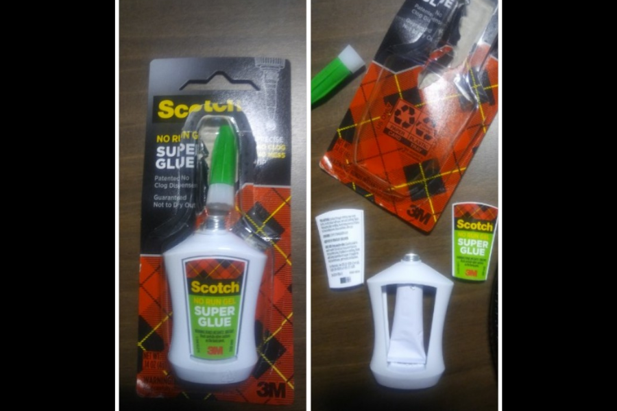 Scotch Super Glue packaging shown before and after opening, revealing a tiny inner glue tube inside a much larger plastic outer casing.