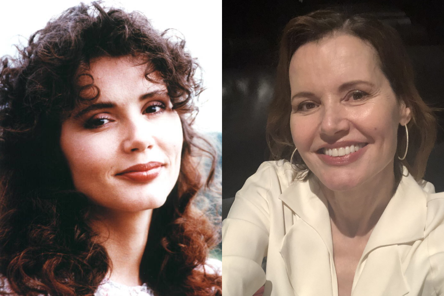 Young Geena Davis with curly hair and a confident smile, paired with a modern close-up selfie in a white outfit and hoop earrings.