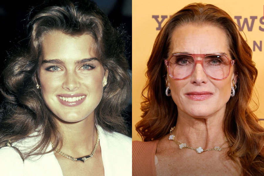 A youthful Brooke Shields with voluminous brunette hair and a radiant smile, shown beside a recent appearance in large pink glasses and gold jewelry.