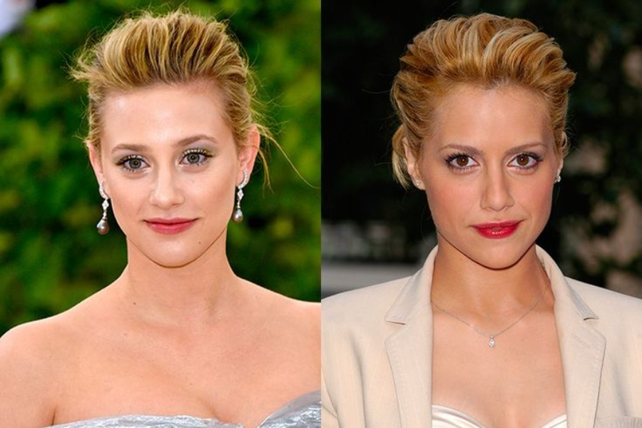 Side-by-side close-up photo of two women with blonde hair styled in elegant updos, both wearing formal attire and subtle makeup. The woman on the left wears a strapless silver dress with dangling earrings, while the woman on the right wears a light blazer over a satin top with a delicate necklace.