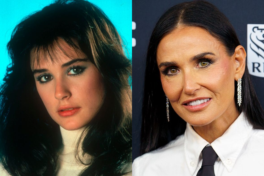 Demi Moore in a '90s portrait with teased hair and smoky eyes, next to a more recent image in sleek straight hair, bold earrings, and a white blouse with black tie.