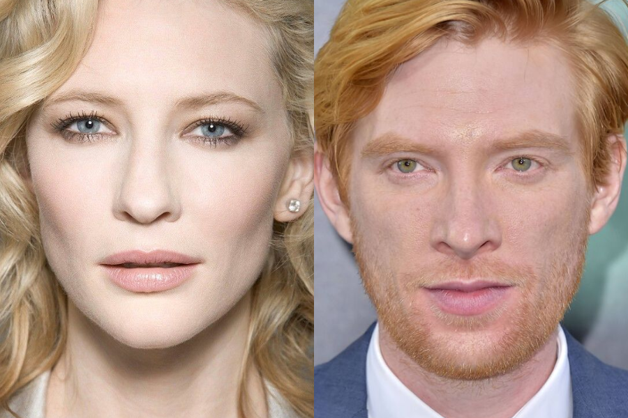 Side-by-side close-up photo of a woman and a man, both with fair skin and light-colored eyes, looking directly at the camera. The woman on the left has wavy blonde hair and wears stud earrings, while the man on the right has short reddish hair and a trimmed beard, dressed in a suit.