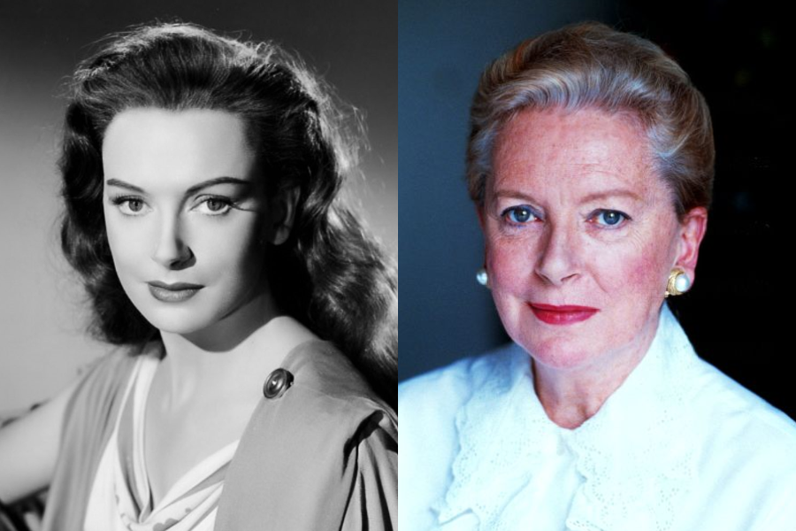 Glamorous young Deborah Kerr with long wavy hair in a studio portrait, beside her older self with short hair, pearl earrings, and a confident gaze.