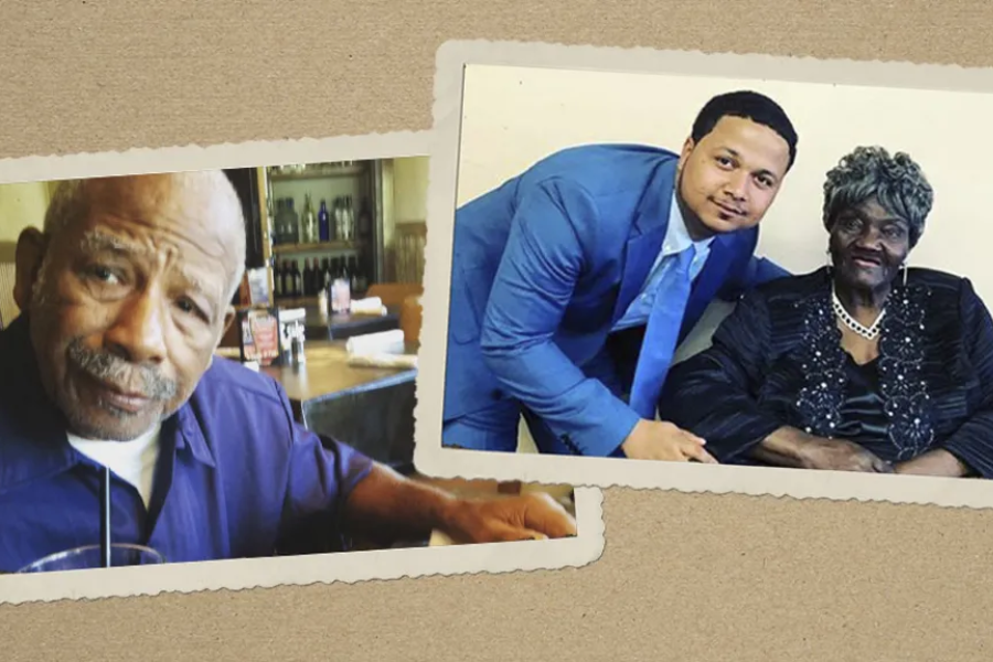 Two framed photos on a scrapbook-style background: one of an older man at a restaurant and another of a man in a blue suit posing with an elderly woman in formal attire.