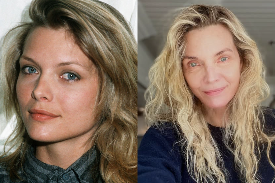 Michelle Pfeiffer in a candid portrait with tousled blonde waves and a denim shirt, contrasted with a recent fresh-faced selfie in natural light.