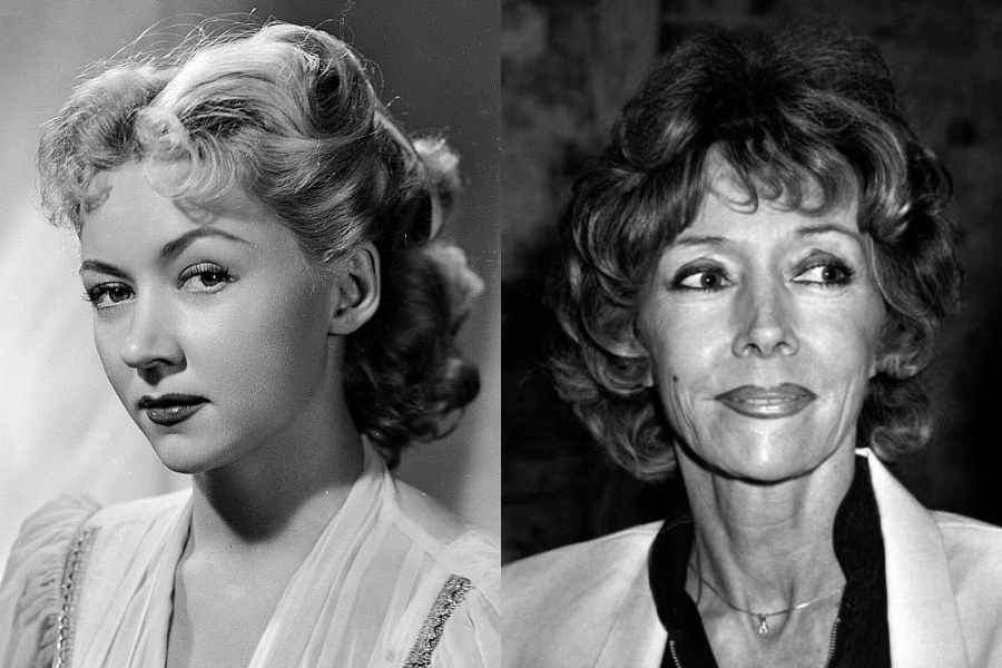 Side-by-side photos of the same woman, first in a classic black-and-white portrait as a young adult with curled blonde hair, and second as an older adult with styled short hair, wearing a light-colored blazer.