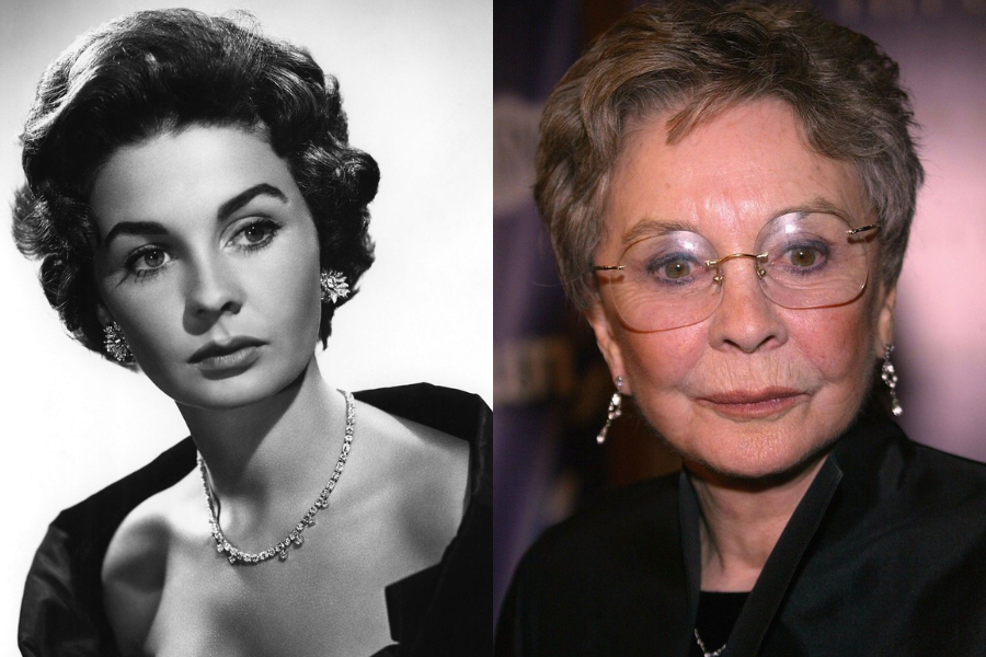 Pair of photos showing a woman in early adulthood with styled short dark hair and elegant jewelry, and later in life with short gray hair, glasses, and a black outfit.