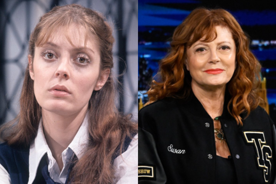 Young woman with straight reddish-brown hair and a serious expression in a classic studio setting, next to a modern photo of her older with red curls and a letterman jacket labeled “Susan.”